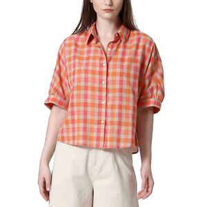 See U Soon Womens Gingham Collared Button Down, Orange